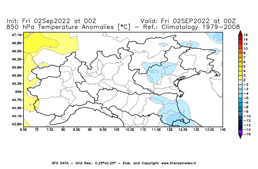 GFS analysi map - Temperature Anomalies [°C] at 850 hPa in Northern Italy
									on 02/09/2022 00 <!--googleoff: index-->UTC<!--googleon: index-->