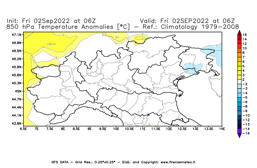 GFS analysi map - Temperature Anomalies [°C] at 850 hPa in Northern Italy
									on 02/09/2022 06 <!--googleoff: index-->UTC<!--googleon: index-->