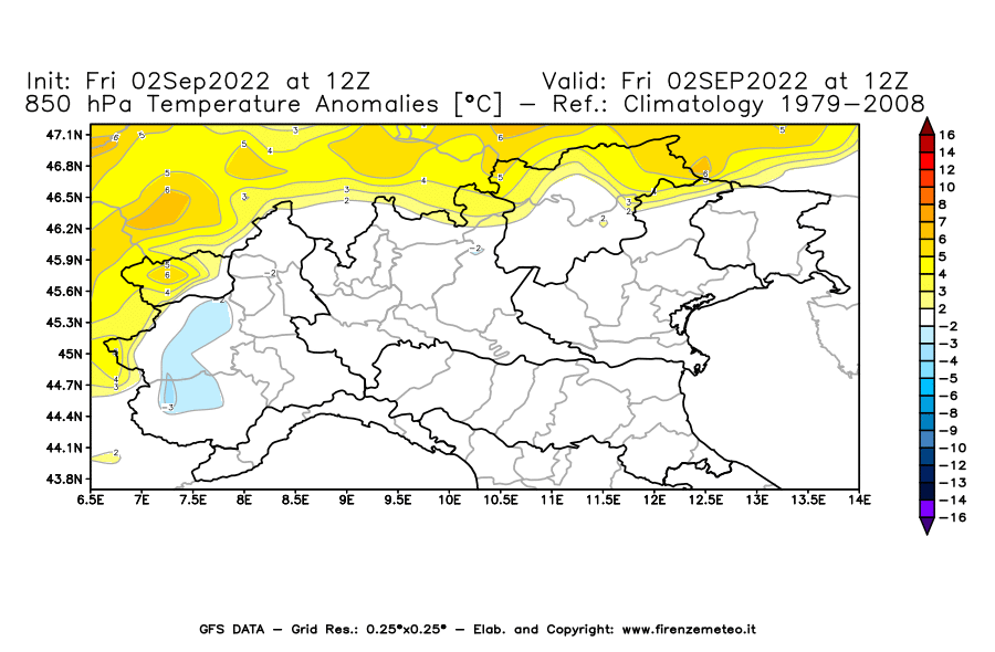 GFS analysi map - Temperature Anomalies [°C] at 850 hPa in Northern Italy
									on 02/09/2022 12 <!--googleoff: index-->UTC<!--googleon: index-->
