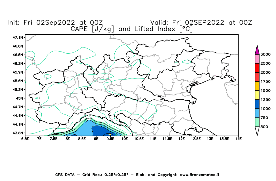 GFS analysi map - CAPE [J/kg] and Lifted Index [°C] in Northern Italy
									on 02/09/2022 00 <!--googleoff: index-->UTC<!--googleon: index-->