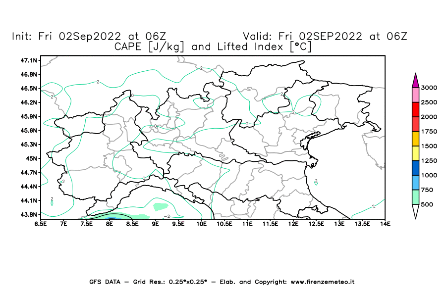 GFS analysi map - CAPE [J/kg] and Lifted Index [°C] in Northern Italy
									on 02/09/2022 06 <!--googleoff: index-->UTC<!--googleon: index-->