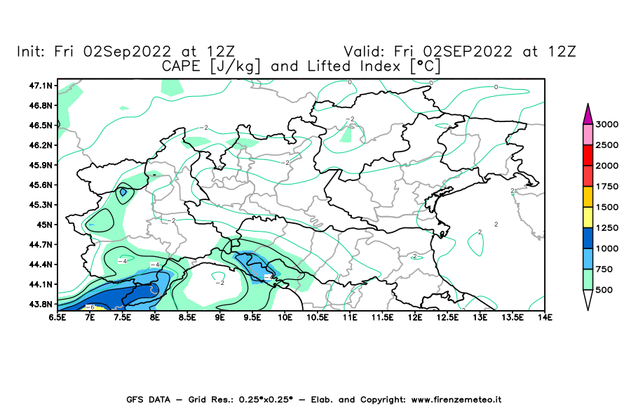 GFS analysi map - CAPE [J/kg] and Lifted Index [°C] in Northern Italy
									on 02/09/2022 12 <!--googleoff: index-->UTC<!--googleon: index-->