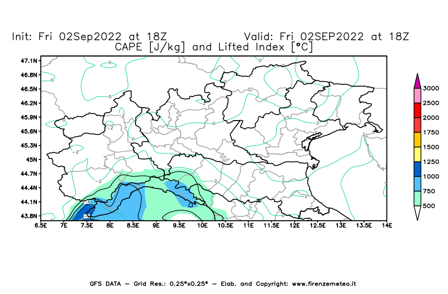 GFS analysi map - CAPE [J/kg] and Lifted Index [°C] in Northern Italy
									on 02/09/2022 18 <!--googleoff: index-->UTC<!--googleon: index-->