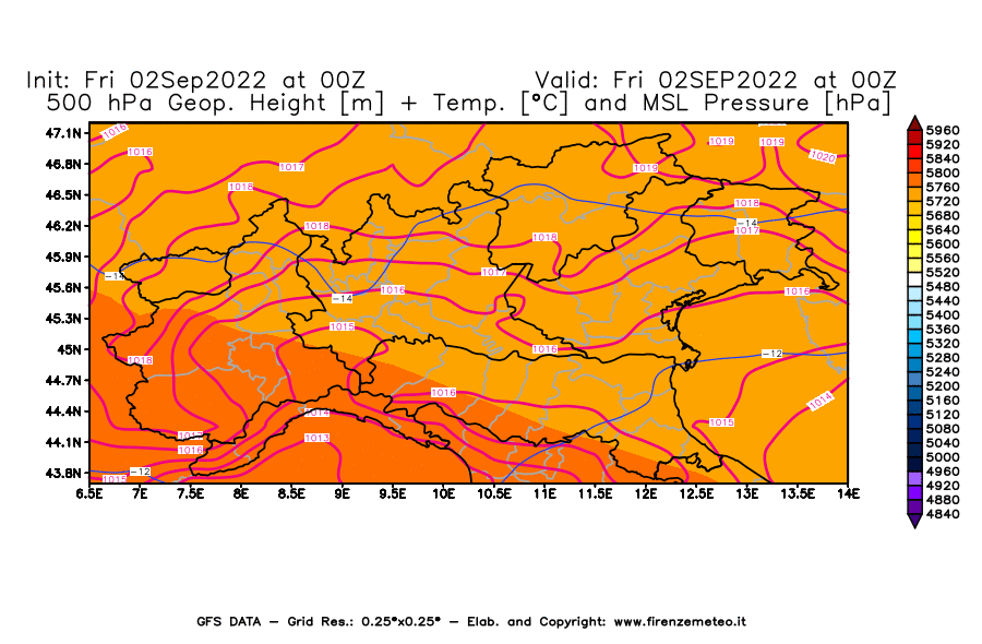 GFS analysi map - Geopotential [m] + Temp. [°C] at 500 hPa + Sea Level Pressure [hPa] in Northern Italy
									on 02/09/2022 00 <!--googleoff: index-->UTC<!--googleon: index-->