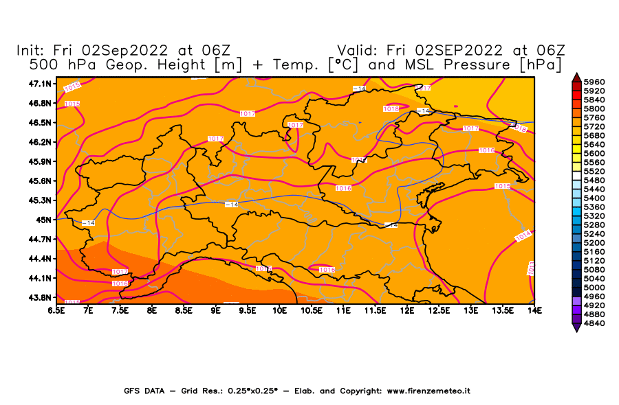 GFS analysi map - Geopotential [m] + Temp. [°C] at 500 hPa + Sea Level Pressure [hPa] in Northern Italy
									on 02/09/2022 06 <!--googleoff: index-->UTC<!--googleon: index-->