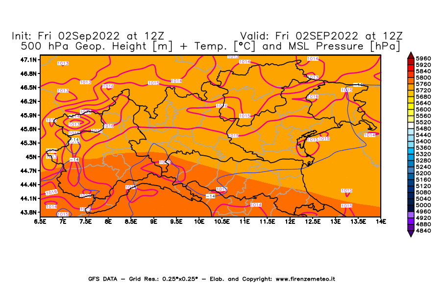 GFS analysi map - Geopotential [m] + Temp. [°C] at 500 hPa + Sea Level Pressure [hPa] in Northern Italy
									on 02/09/2022 12 <!--googleoff: index-->UTC<!--googleon: index-->
