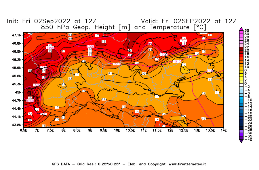 GFS analysi map - Geopotential [m] and Temperature [°C] at 850 hPa in Northern Italy
									on 02/09/2022 12 <!--googleoff: index-->UTC<!--googleon: index-->