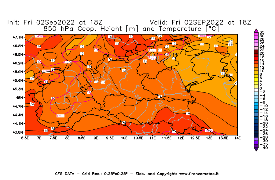 GFS analysi map - Geopotential [m] and Temperature [°C] at 850 hPa in Northern Italy
									on 02/09/2022 18 <!--googleoff: index-->UTC<!--googleon: index-->