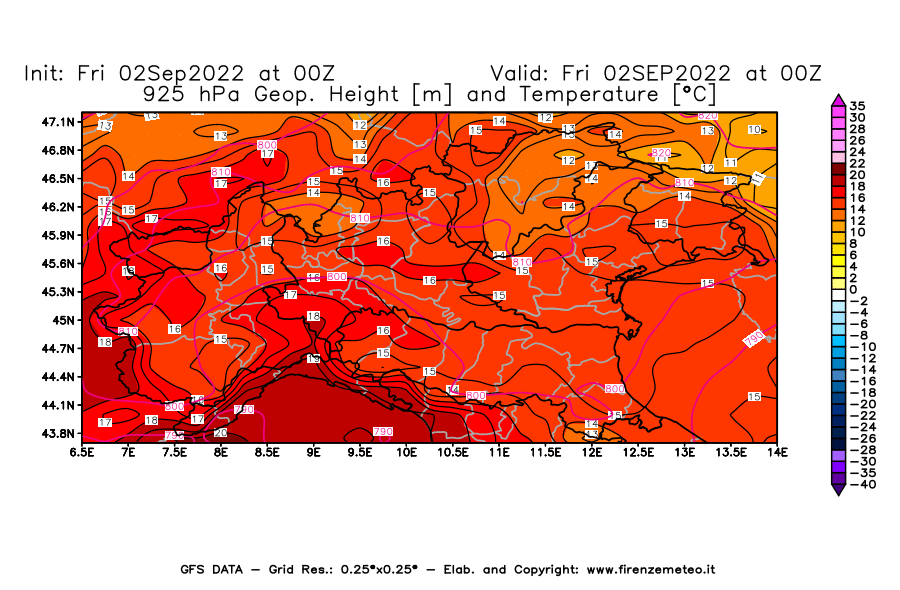 GFS analysi map - Geopotential [m] and Temperature [°C] at 925 hPa in Northern Italy
									on 02/09/2022 00 <!--googleoff: index-->UTC<!--googleon: index-->