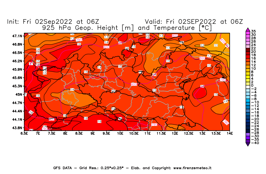 GFS analysi map - Geopotential [m] and Temperature [°C] at 925 hPa in Northern Italy
									on 02/09/2022 06 <!--googleoff: index-->UTC<!--googleon: index-->