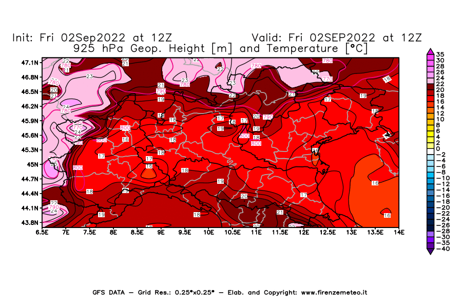 GFS analysi map - Geopotential [m] and Temperature [°C] at 925 hPa in Northern Italy
									on 02/09/2022 12 <!--googleoff: index-->UTC<!--googleon: index-->