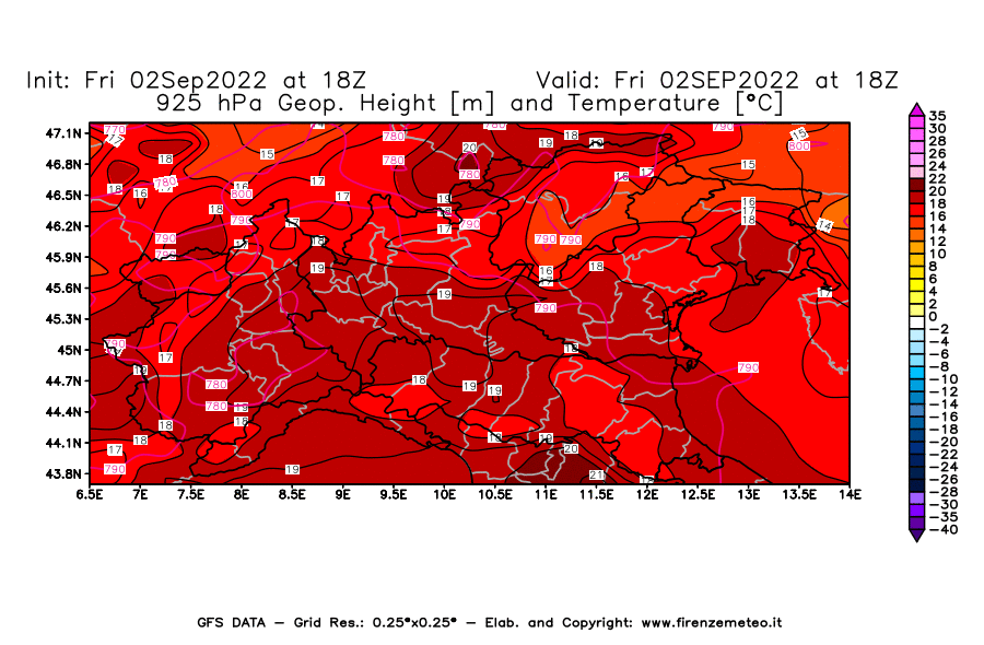 GFS analysi map - Geopotential [m] and Temperature [°C] at 925 hPa in Northern Italy
									on 02/09/2022 18 <!--googleoff: index-->UTC<!--googleon: index-->