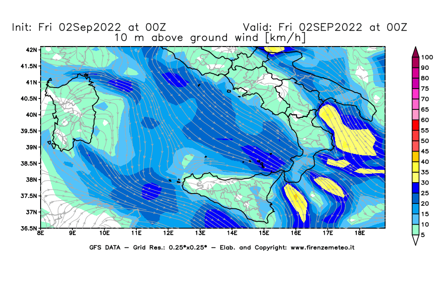 GFS analysi map - Wind Speed at 10 m above ground [km/h] in Southern Italy
									on 02/09/2022 00 <!--googleoff: index-->UTC<!--googleon: index-->
