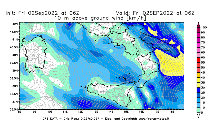 GFS analysi map - Wind Speed at 10 m above ground [km/h] in Southern Italy
									on 02/09/2022 06 <!--googleoff: index-->UTC<!--googleon: index-->