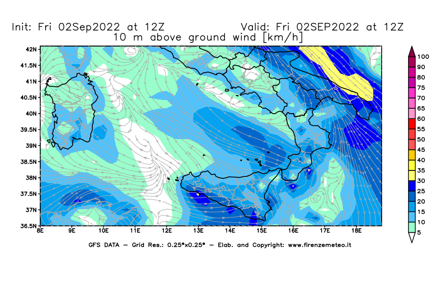 GFS analysi map - Wind Speed at 10 m above ground [km/h] in Southern Italy
									on 02/09/2022 12 <!--googleoff: index-->UTC<!--googleon: index-->
