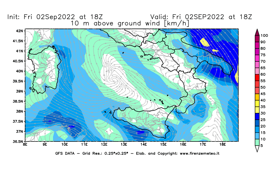 GFS analysi map - Wind Speed at 10 m above ground [km/h] in Southern Italy
									on 02/09/2022 18 <!--googleoff: index-->UTC<!--googleon: index-->