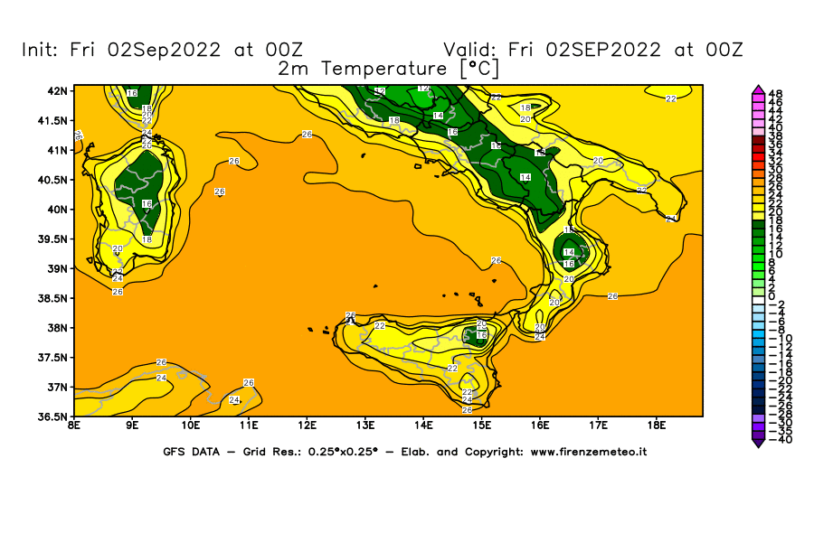 GFS analysi map - Temperature at 2 m above ground [°C] in Southern Italy
									on 02/09/2022 00 <!--googleoff: index-->UTC<!--googleon: index-->