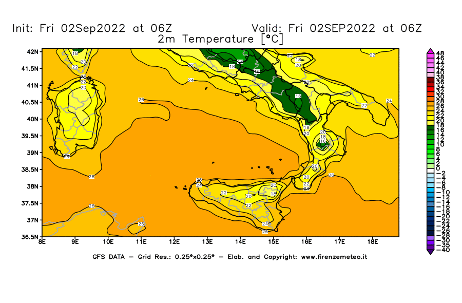 GFS analysi map - Temperature at 2 m above ground [°C] in Southern Italy
									on 02/09/2022 06 <!--googleoff: index-->UTC<!--googleon: index-->