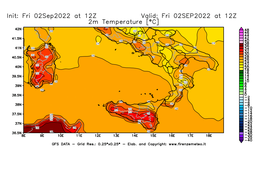 GFS analysi map - Temperature at 2 m above ground [°C] in Southern Italy
									on 02/09/2022 12 <!--googleoff: index-->UTC<!--googleon: index-->