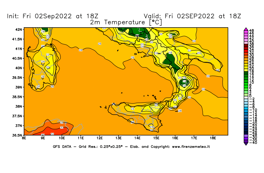 GFS analysi map - Temperature at 2 m above ground [°C] in Southern Italy
									on 02/09/2022 18 <!--googleoff: index-->UTC<!--googleon: index-->