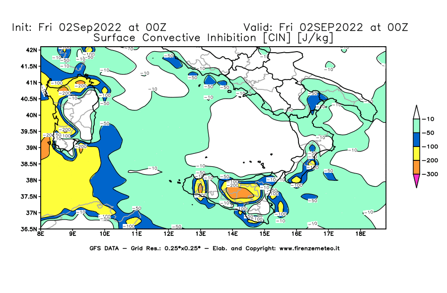 GFS analysi map - CIN [J/kg] in Southern Italy
									on 02/09/2022 00 <!--googleoff: index-->UTC<!--googleon: index-->
