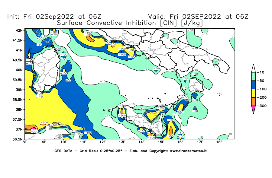 GFS analysi map - CIN [J/kg] in Southern Italy
									on 02/09/2022 06 <!--googleoff: index-->UTC<!--googleon: index-->