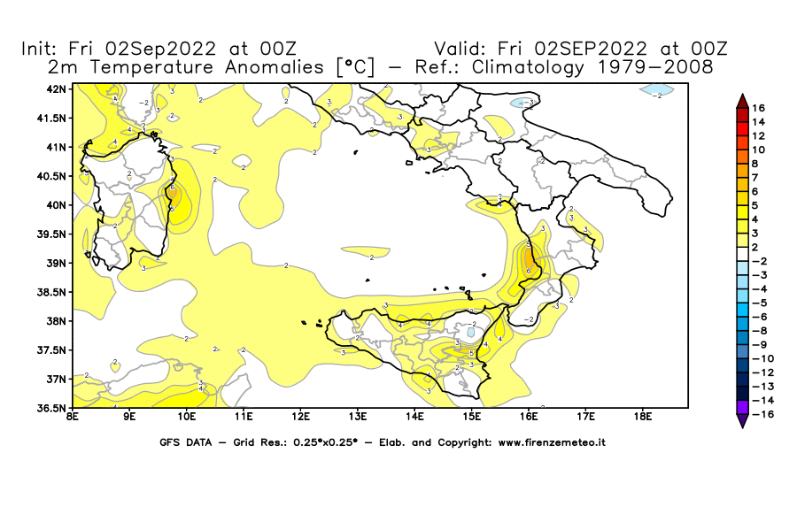 GFS analysi map - Temperature Anomalies [°C] at 2 m in Southern Italy
									on 02/09/2022 00 <!--googleoff: index-->UTC<!--googleon: index-->