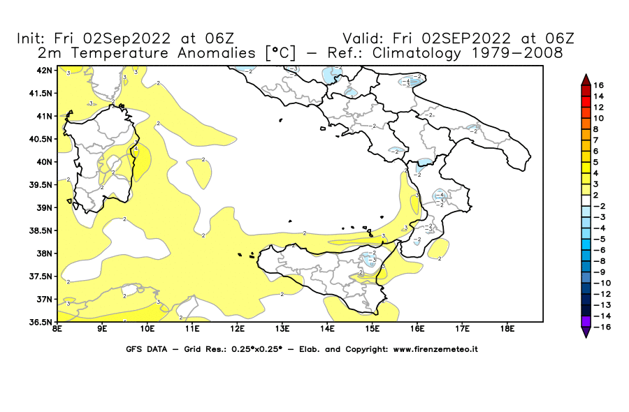GFS analysi map - Temperature Anomalies [°C] at 2 m in Southern Italy
									on 02/09/2022 06 <!--googleoff: index-->UTC<!--googleon: index-->