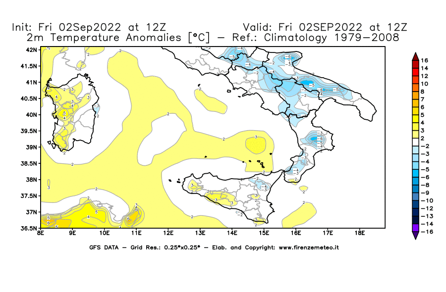 GFS analysi map - Temperature Anomalies [°C] at 2 m in Southern Italy
									on 02/09/2022 12 <!--googleoff: index-->UTC<!--googleon: index-->