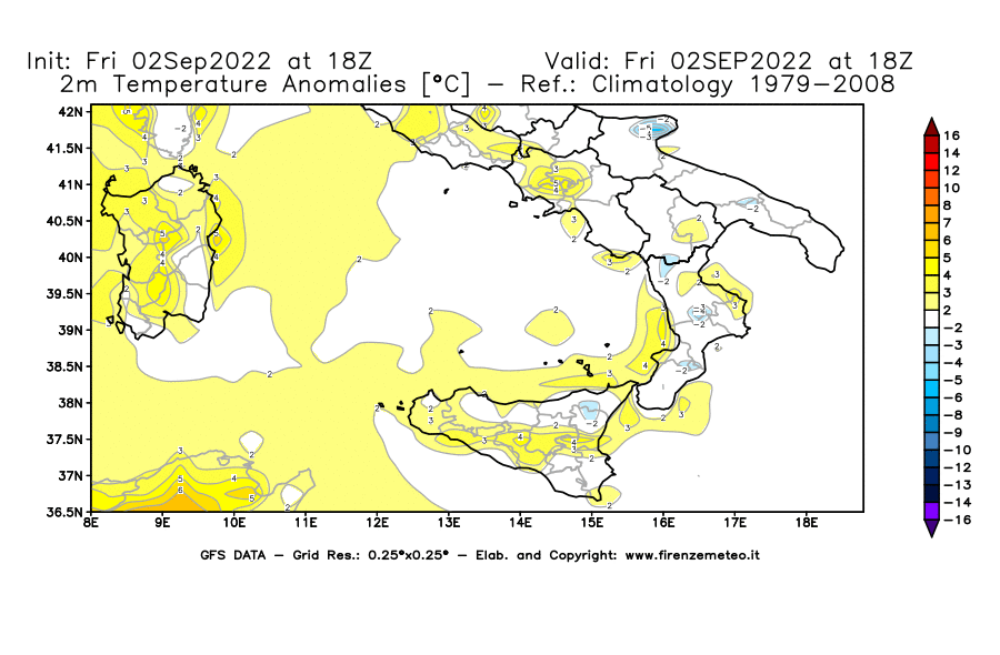 GFS analysi map - Temperature Anomalies [°C] at 2 m in Southern Italy
									on 02/09/2022 18 <!--googleoff: index-->UTC<!--googleon: index-->