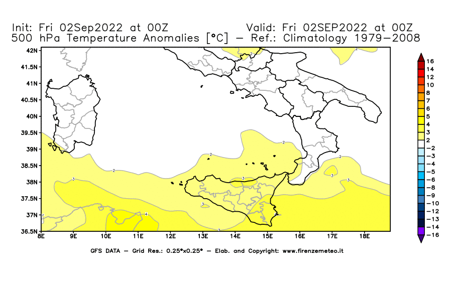 GFS analysi map - Temperature Anomalies [°C] at 500 hPa in Southern Italy
									on 02/09/2022 00 <!--googleoff: index-->UTC<!--googleon: index-->