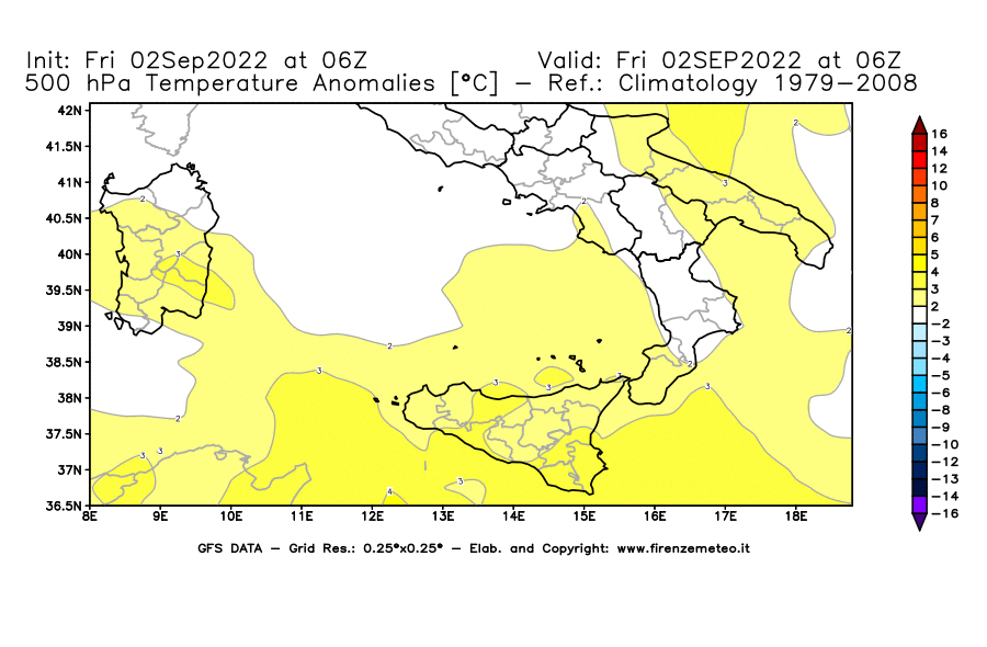 GFS analysi map - Temperature Anomalies [°C] at 500 hPa in Southern Italy
									on 02/09/2022 06 <!--googleoff: index-->UTC<!--googleon: index-->