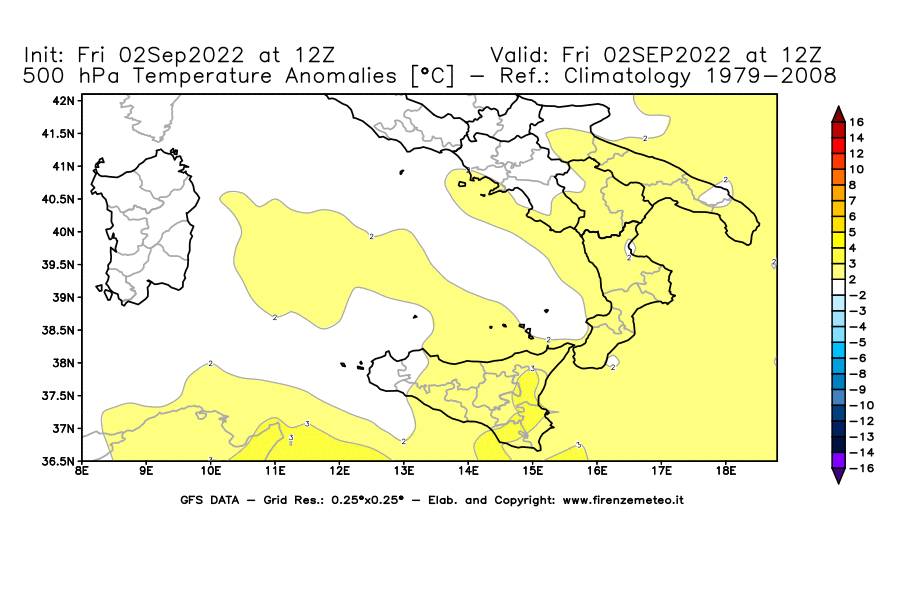 GFS analysi map - Temperature Anomalies [°C] at 500 hPa in Southern Italy
									on 02/09/2022 12 <!--googleoff: index-->UTC<!--googleon: index-->