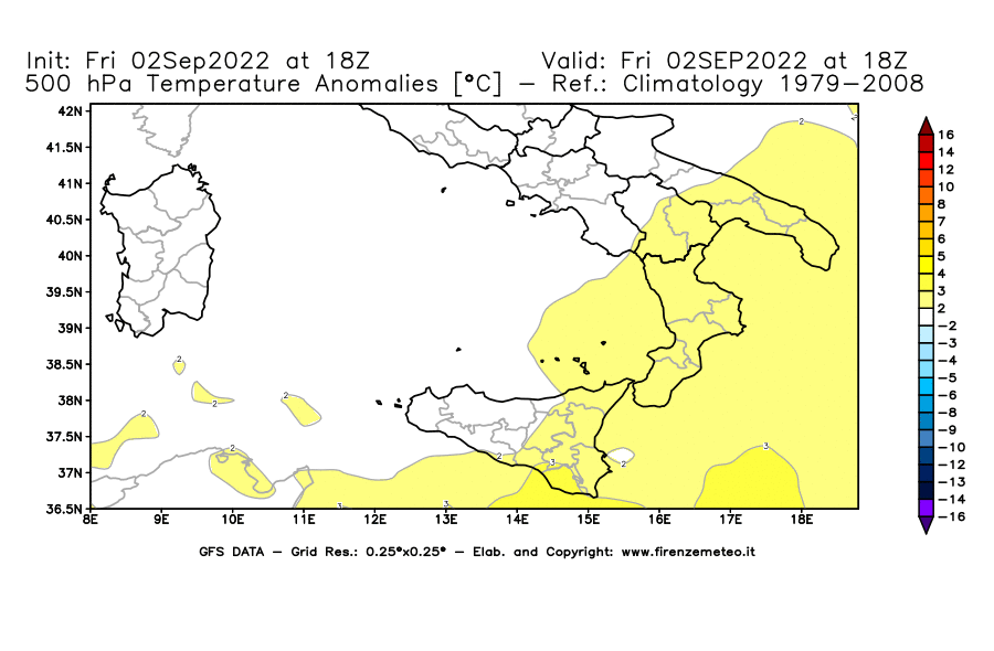 GFS analysi map - Temperature Anomalies [°C] at 500 hPa in Southern Italy
									on 02/09/2022 18 <!--googleoff: index-->UTC<!--googleon: index-->