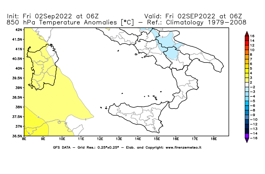 GFS analysi map - Temperature Anomalies [°C] at 850 hPa in Southern Italy
									on 02/09/2022 06 <!--googleoff: index-->UTC<!--googleon: index-->