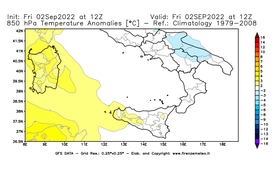 GFS analysi map - Temperature Anomalies [°C] at 850 hPa in Southern Italy
									on 02/09/2022 12 <!--googleoff: index-->UTC<!--googleon: index-->