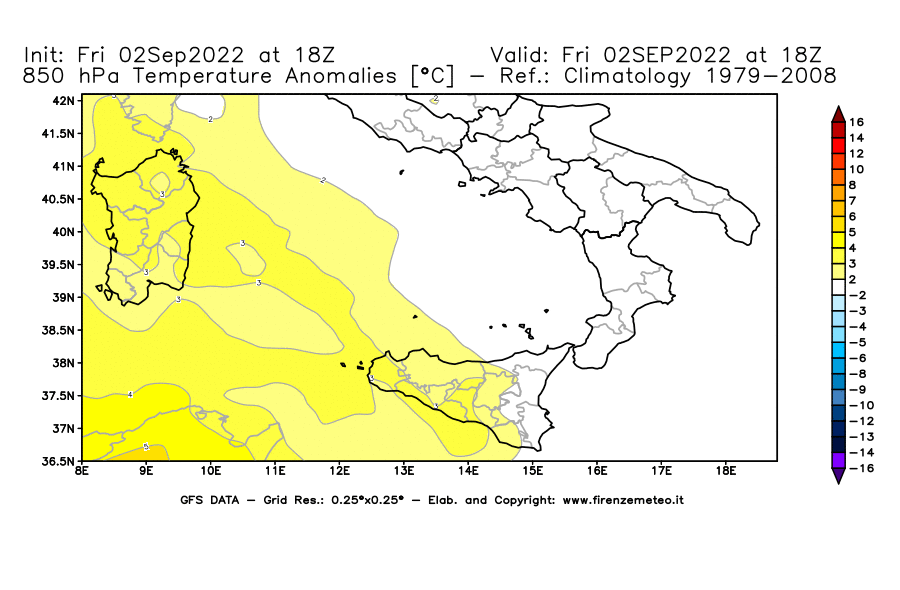 GFS analysi map - Temperature Anomalies [°C] at 850 hPa in Southern Italy
									on 02/09/2022 18 <!--googleoff: index-->UTC<!--googleon: index-->