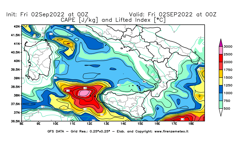 GFS analysi map - CAPE [J/kg] and Lifted Index [°C] in Southern Italy
									on 02/09/2022 00 <!--googleoff: index-->UTC<!--googleon: index-->