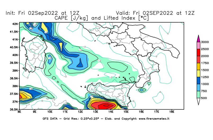 GFS analysi map - CAPE [J/kg] and Lifted Index [°C] in Southern Italy
									on 02/09/2022 12 <!--googleoff: index-->UTC<!--googleon: index-->