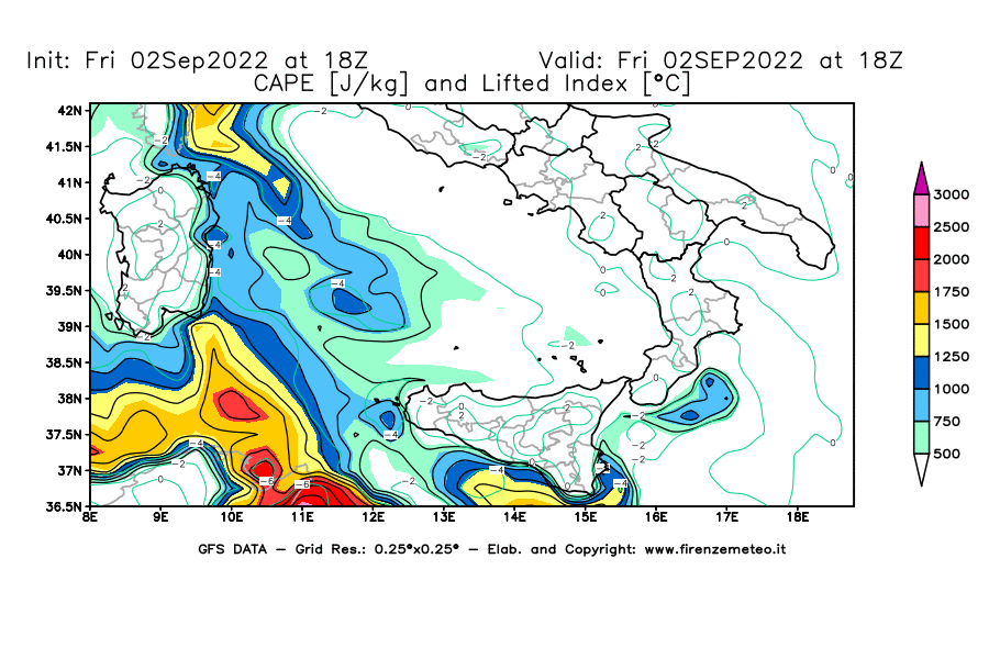 GFS analysi map - CAPE [J/kg] and Lifted Index [°C] in Southern Italy
									on 02/09/2022 18 <!--googleoff: index-->UTC<!--googleon: index-->