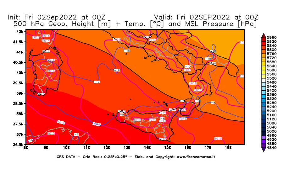 GFS analysi map - Geopotential [m] + Temp. [°C] at 500 hPa + Sea Level Pressure [hPa] in Southern Italy
									on 02/09/2022 00 <!--googleoff: index-->UTC<!--googleon: index-->