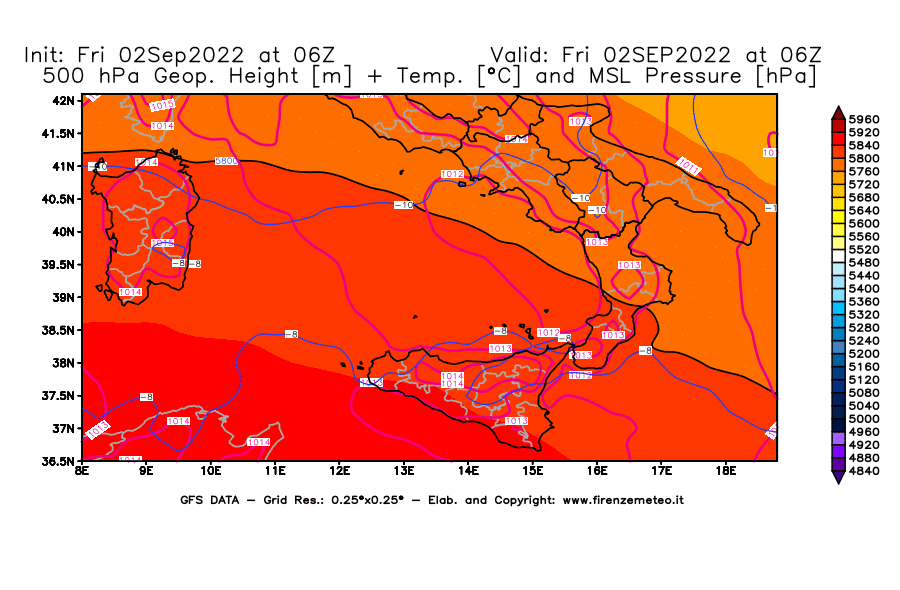 GFS analysi map - Geopotential [m] + Temp. [°C] at 500 hPa + Sea Level Pressure [hPa] in Southern Italy
									on 02/09/2022 06 <!--googleoff: index-->UTC<!--googleon: index-->