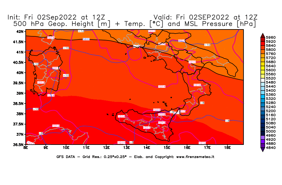 GFS analysi map - Geopotential [m] + Temp. [°C] at 500 hPa + Sea Level Pressure [hPa] in Southern Italy
									on 02/09/2022 12 <!--googleoff: index-->UTC<!--googleon: index-->