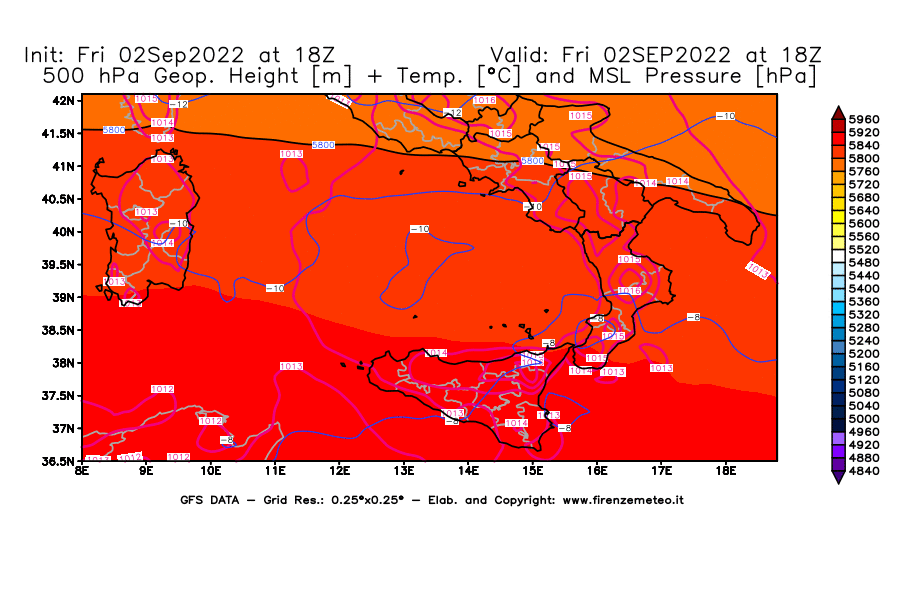 GFS analysi map - Geopotential [m] + Temp. [°C] at 500 hPa + Sea Level Pressure [hPa] in Southern Italy
									on 02/09/2022 18 <!--googleoff: index-->UTC<!--googleon: index-->