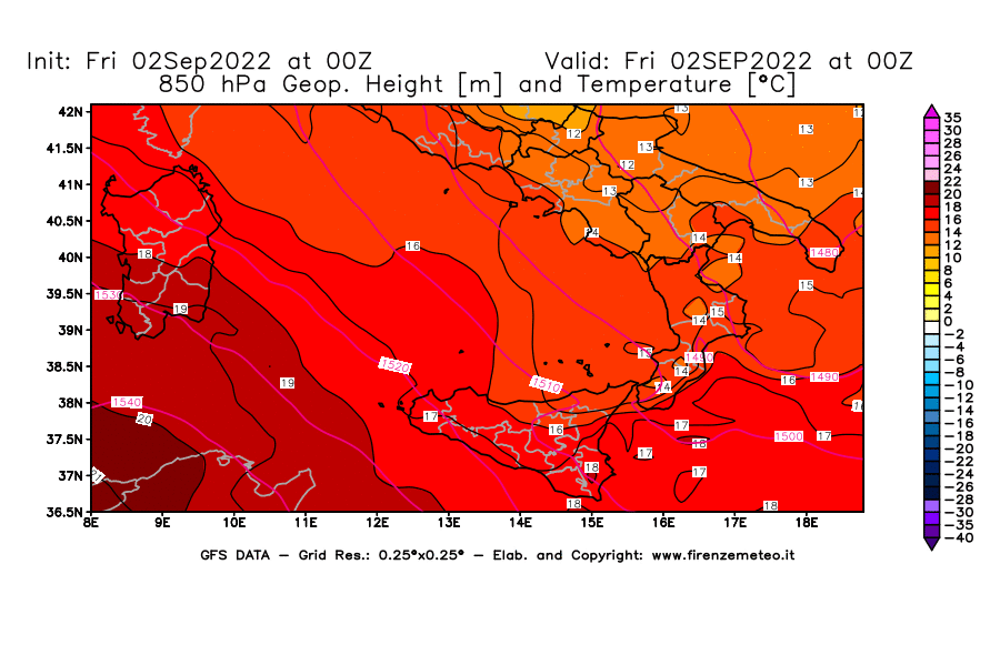 GFS analysi map - Geopotential [m] and Temperature [°C] at 850 hPa in Southern Italy
									on 02/09/2022 00 <!--googleoff: index-->UTC<!--googleon: index-->