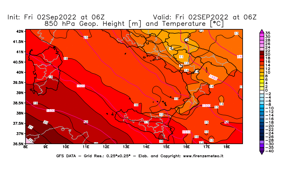 GFS analysi map - Geopotential [m] and Temperature [°C] at 850 hPa in Southern Italy
									on 02/09/2022 06 <!--googleoff: index-->UTC<!--googleon: index-->