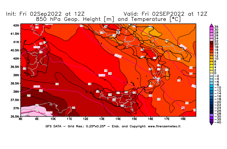 GFS analysi map - Geopotential [m] and Temperature [°C] at 850 hPa in Southern Italy
									on 02/09/2022 12 <!--googleoff: index-->UTC<!--googleon: index-->