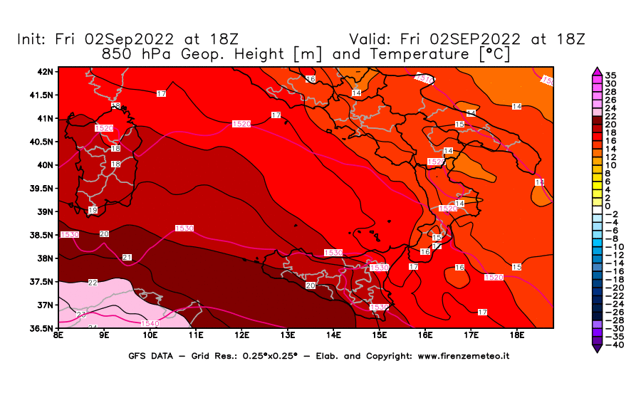GFS analysi map - Geopotential [m] and Temperature [°C] at 850 hPa in Southern Italy
									on 02/09/2022 18 <!--googleoff: index-->UTC<!--googleon: index-->