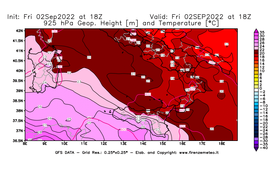 GFS analysi map - Geopotential [m] and Temperature [°C] at 925 hPa in Southern Italy
									on 02/09/2022 18 <!--googleoff: index-->UTC<!--googleon: index-->