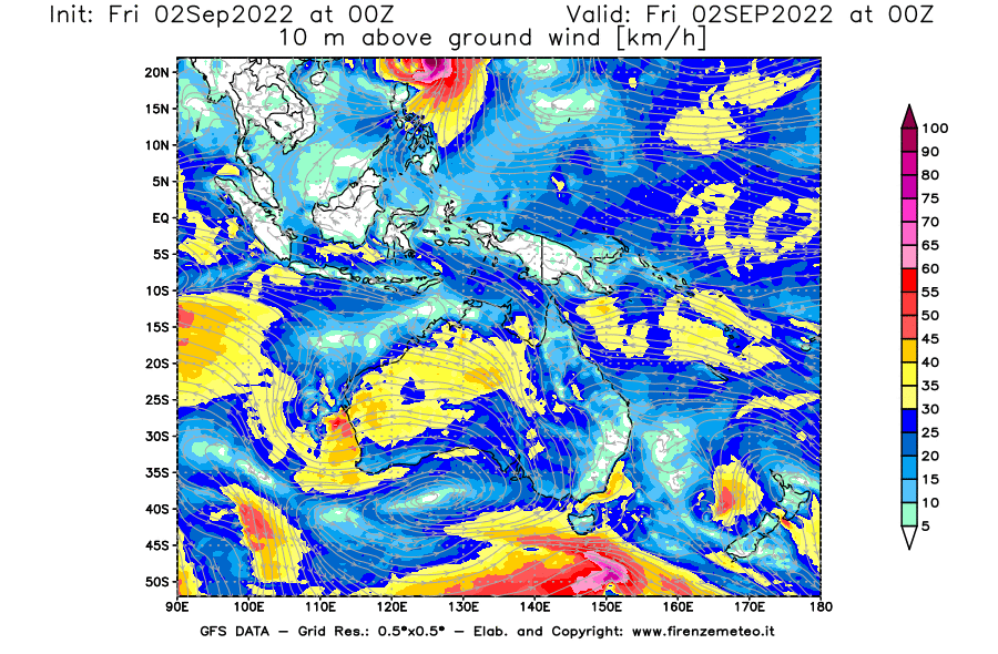 GFS analysi map - Wind Speed at 10 m above ground [km/h] in Oceania
									on 02/09/2022 00 <!--googleoff: index-->UTC<!--googleon: index-->